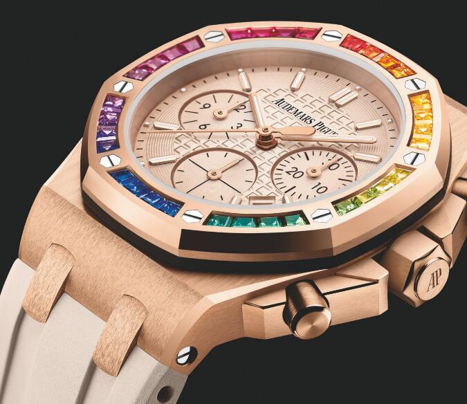The colored gemstones paved on the bezel add the feminine touch to the timepiece.